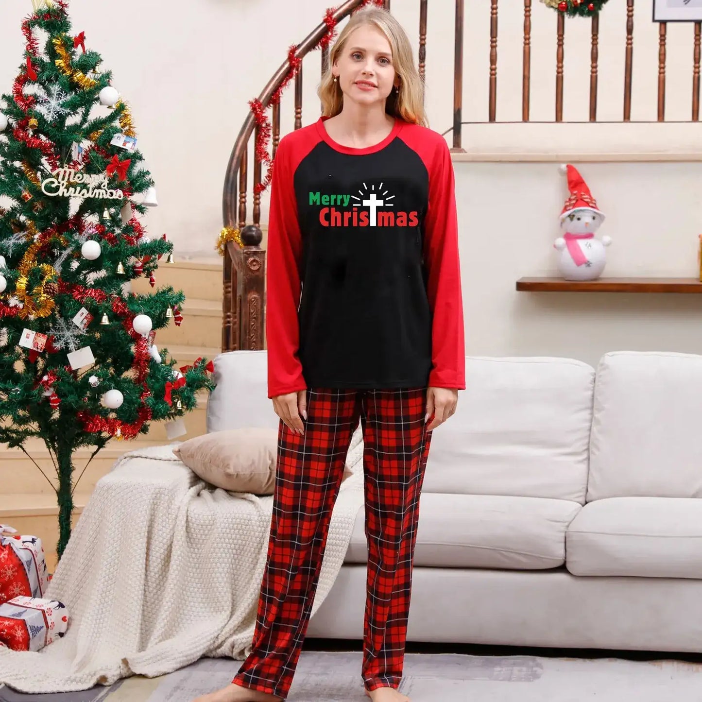 Ladies’ red Christmas pyjama top and pants, festive loungewear