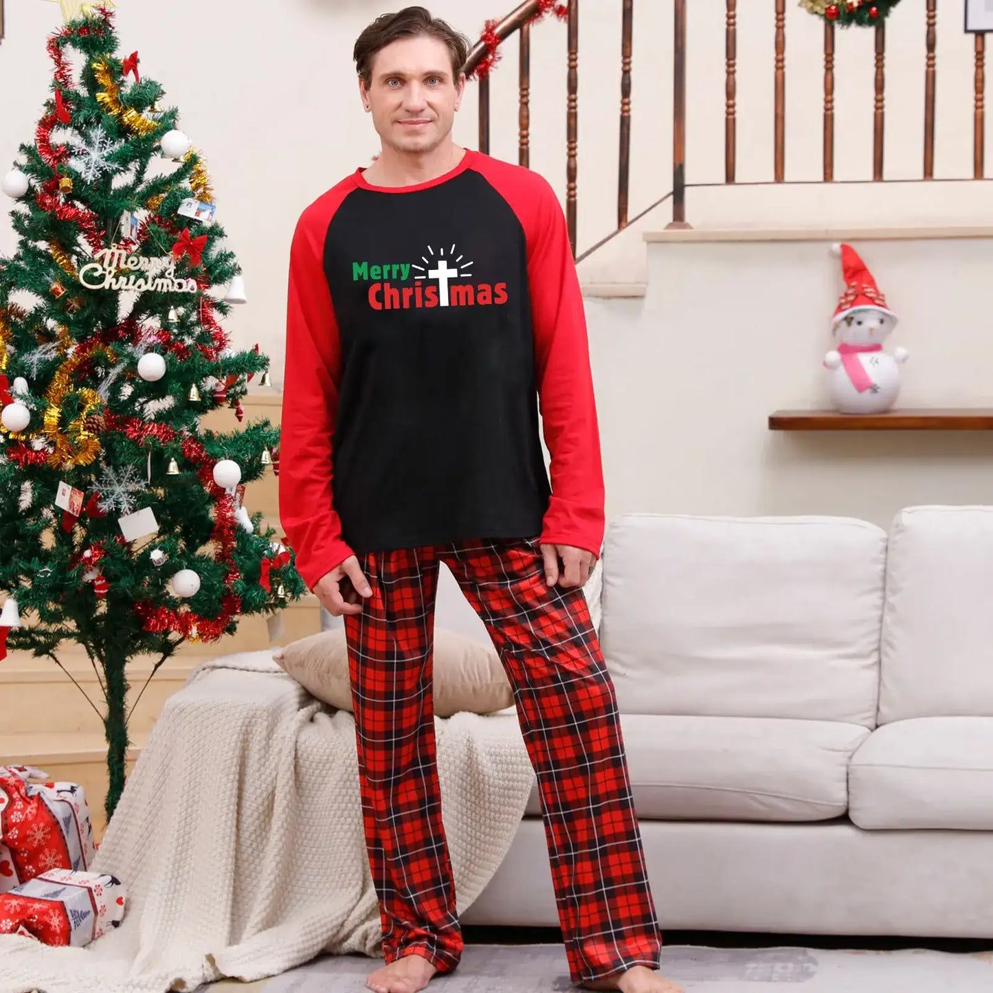 Adult male model wearing family matching Christmas Pyjama