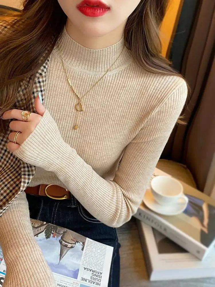Women’s Mock Neck Slim Knitted Sweater – Autumn Winter Pullover