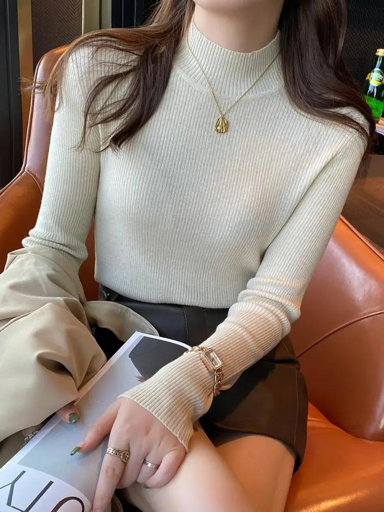 Women’s Mock Neck Slim Knitted Sweater – Autumn Winter Pullover