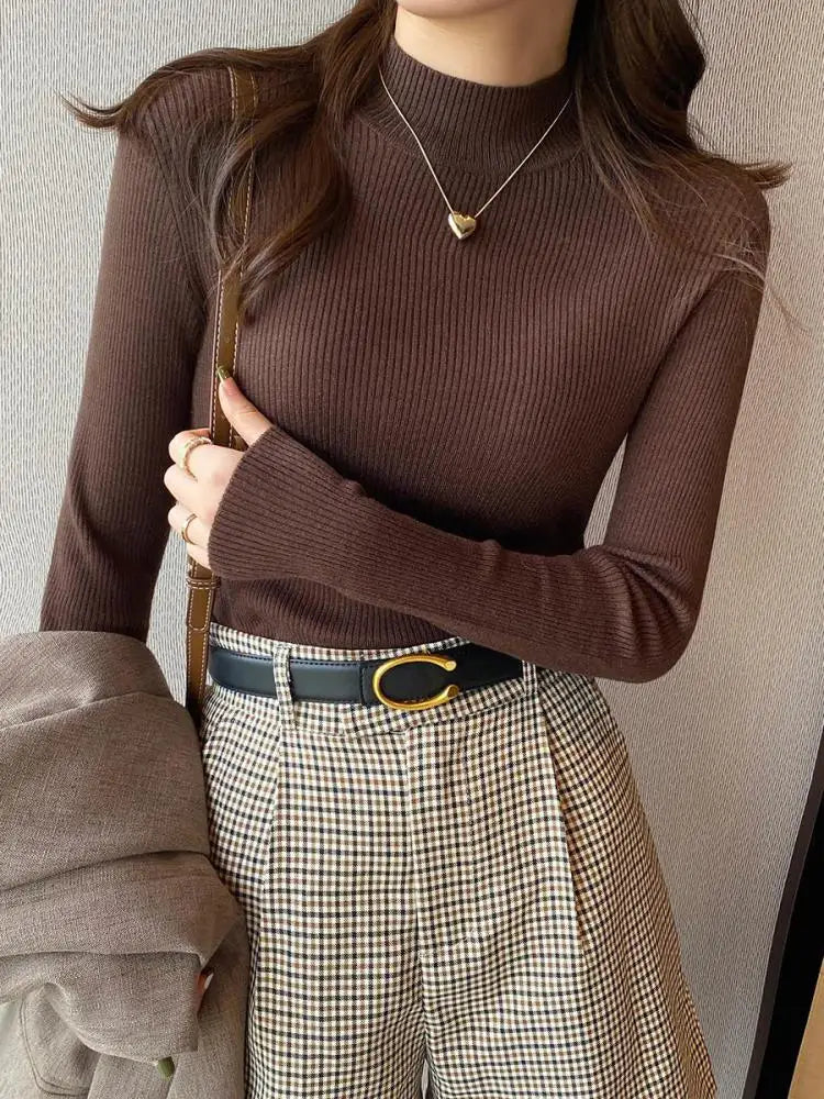 Women’s Mock Neck Slim Knitted Sweater – Autumn Winter Pullover