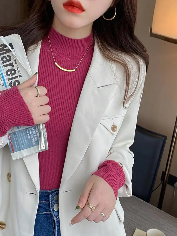 Women’s Mock Neck Slim Knitted Sweater – Autumn Winter Pullover