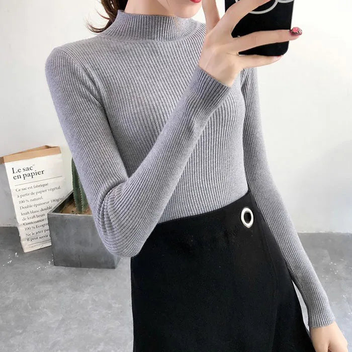 Women’s Mock Neck Slim Knitted Sweater – Autumn Winter Pullover