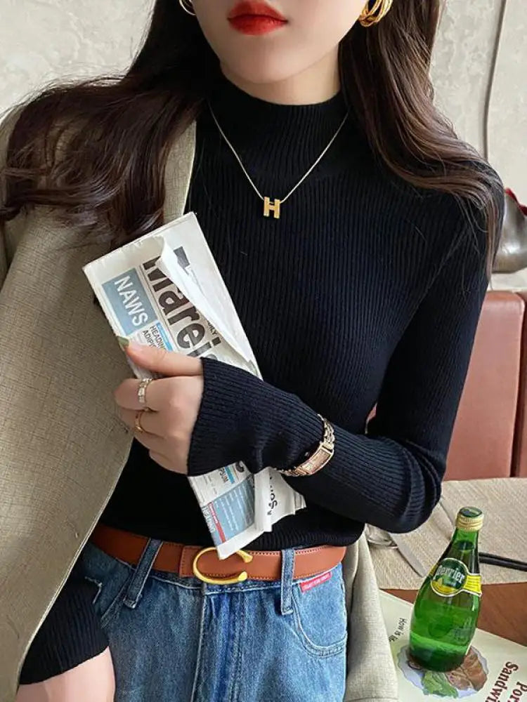 Women’s Mock Neck Slim Knitted Sweater – Autumn Winter Pullover
