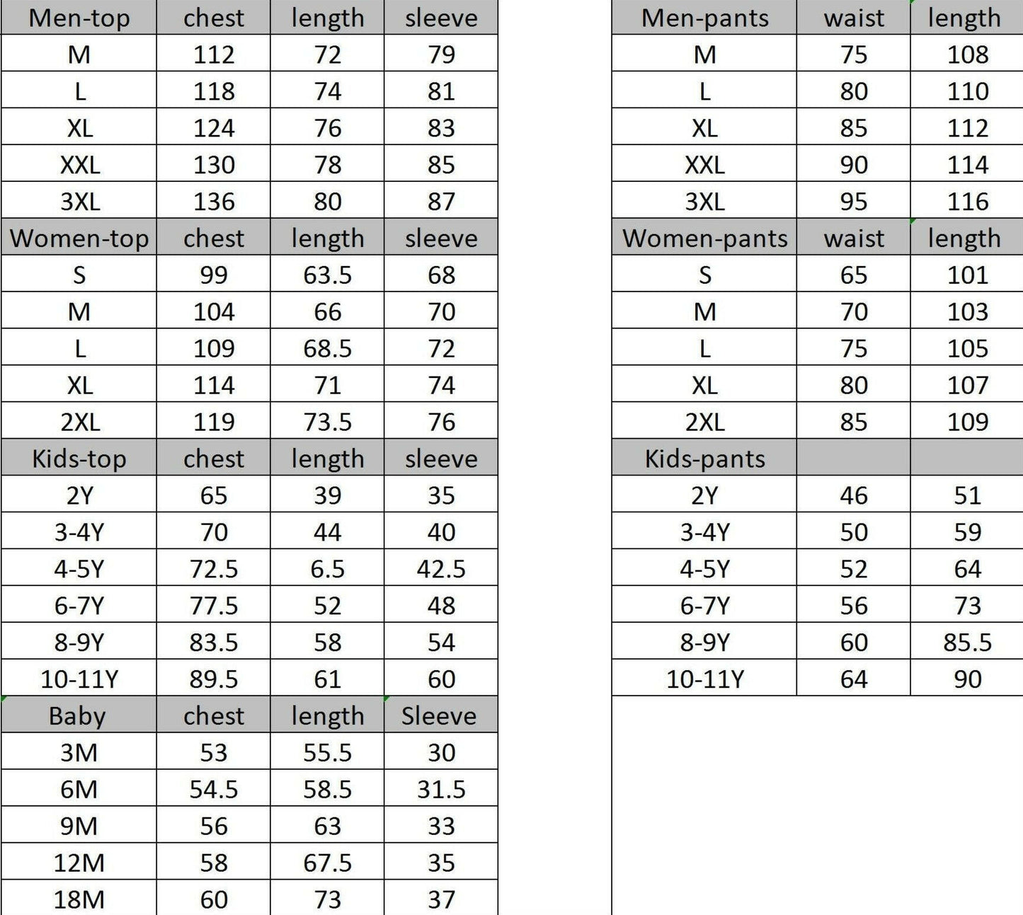 Sizing Chart for matching family Christmas pyjamas
