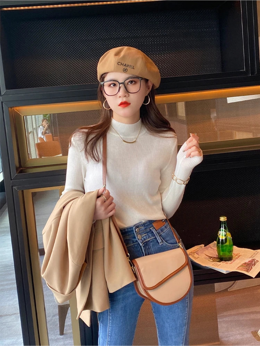 Women’s Mock Neck Slim Knitted Sweater – Autumn Winter Pullover