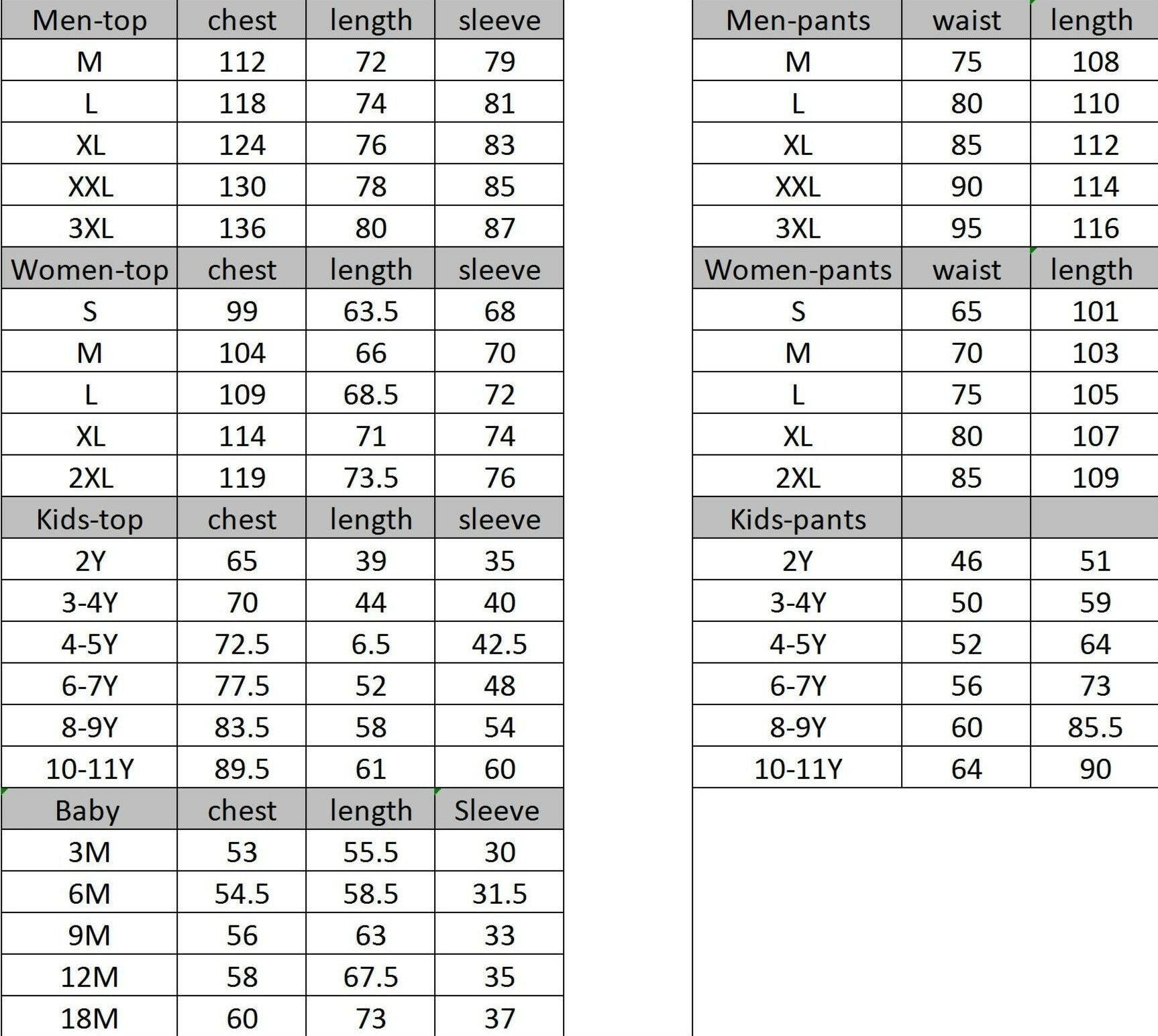 Sizing Chart for matching family Christmas pyjamas